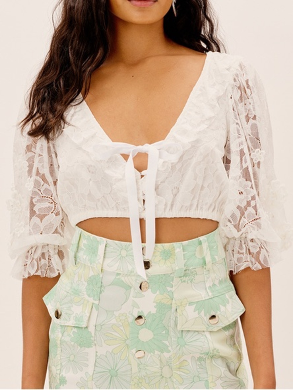 For Love & Lemons Loretta White Lace Tie-Front Crop Top Floral Spring Mesh XS